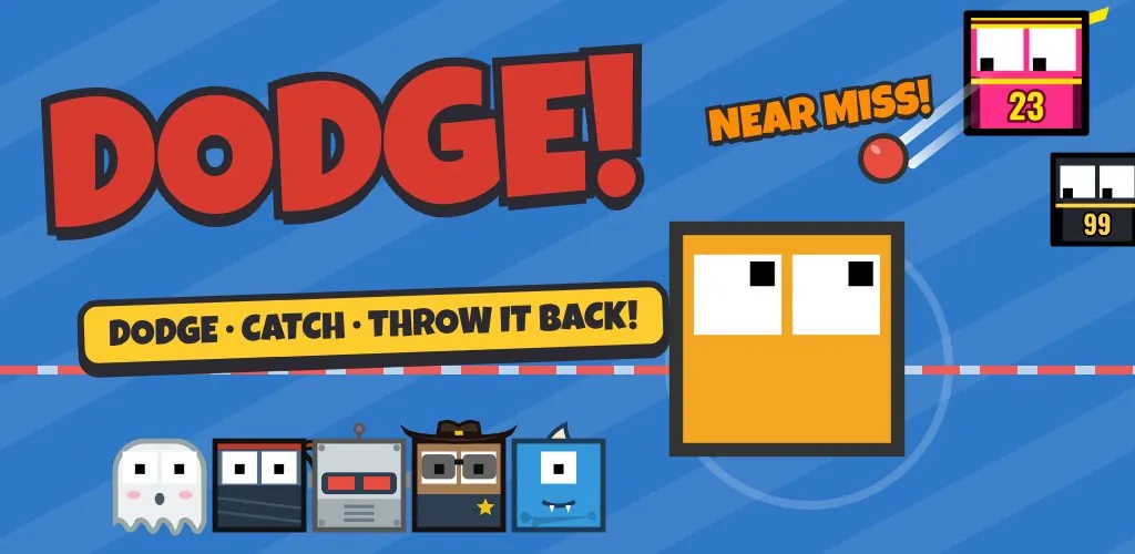 Dodge! artwork: dodge, catch, throw it back, with the game's block characters