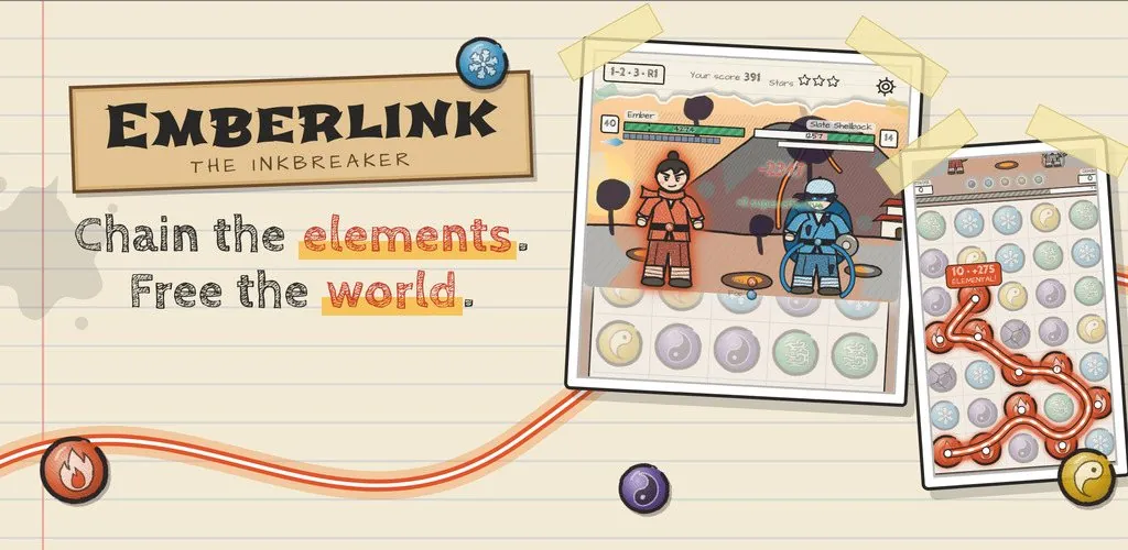 Emberlink: The Inkbreaker artwork showing a kung-fu battle and the orb-chaining board